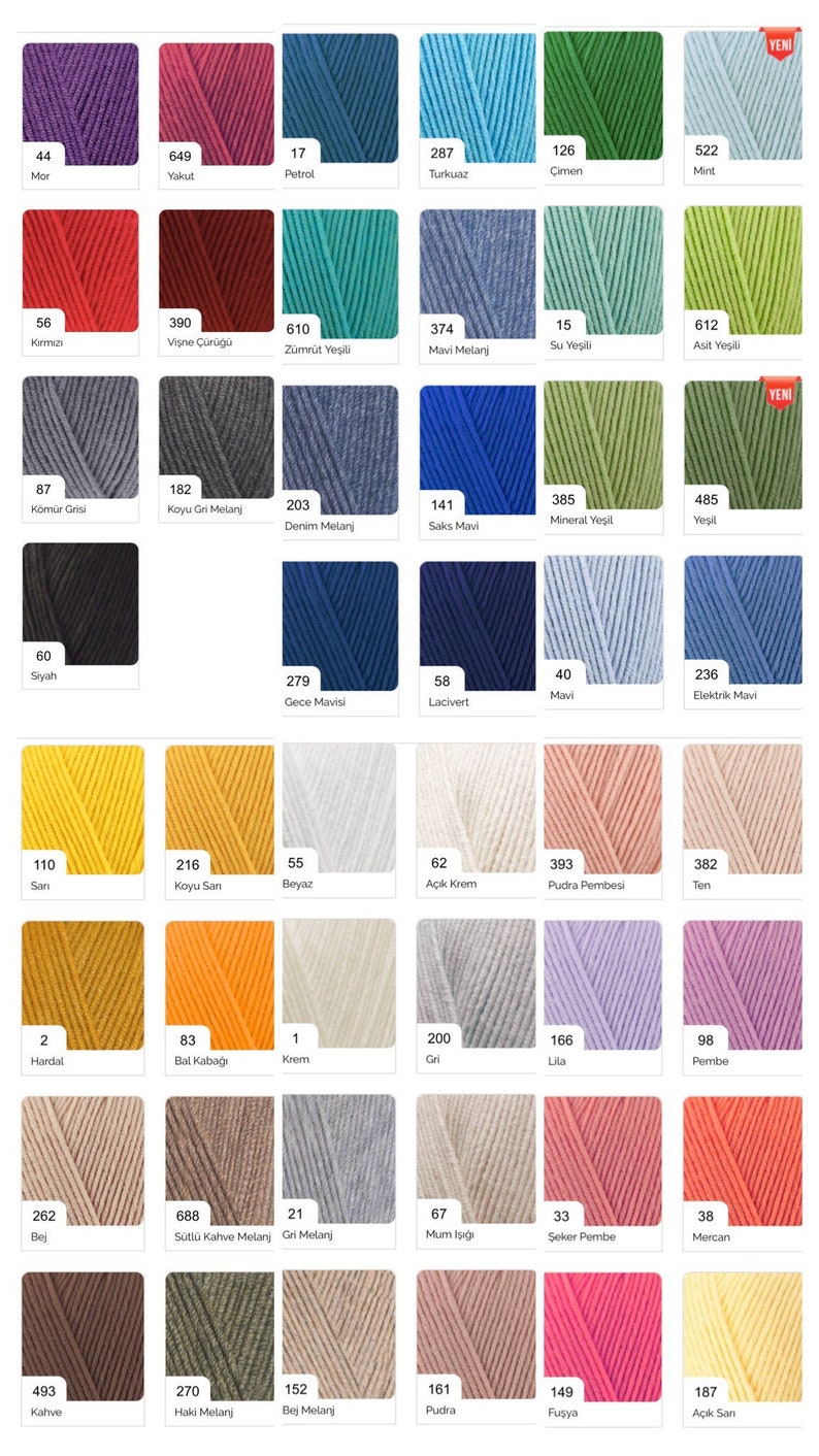 May include: A color chart of yarn samples with numbers and names in Turkish. The yarn colors include purple, red, green, blue, gray, black, yellow, white, brown, beige, pink, and orange.