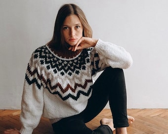 Chunky knitted nordic sweater,  boho oversized jumper, cable knit pullover, cosy wool sweater,
