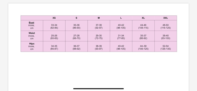 May include: Size chart for clothing with measurements in inches and centimeters. The chart shows bust, waist, and hip measurements for sizes XS, S, M, L, XL, and XXL.