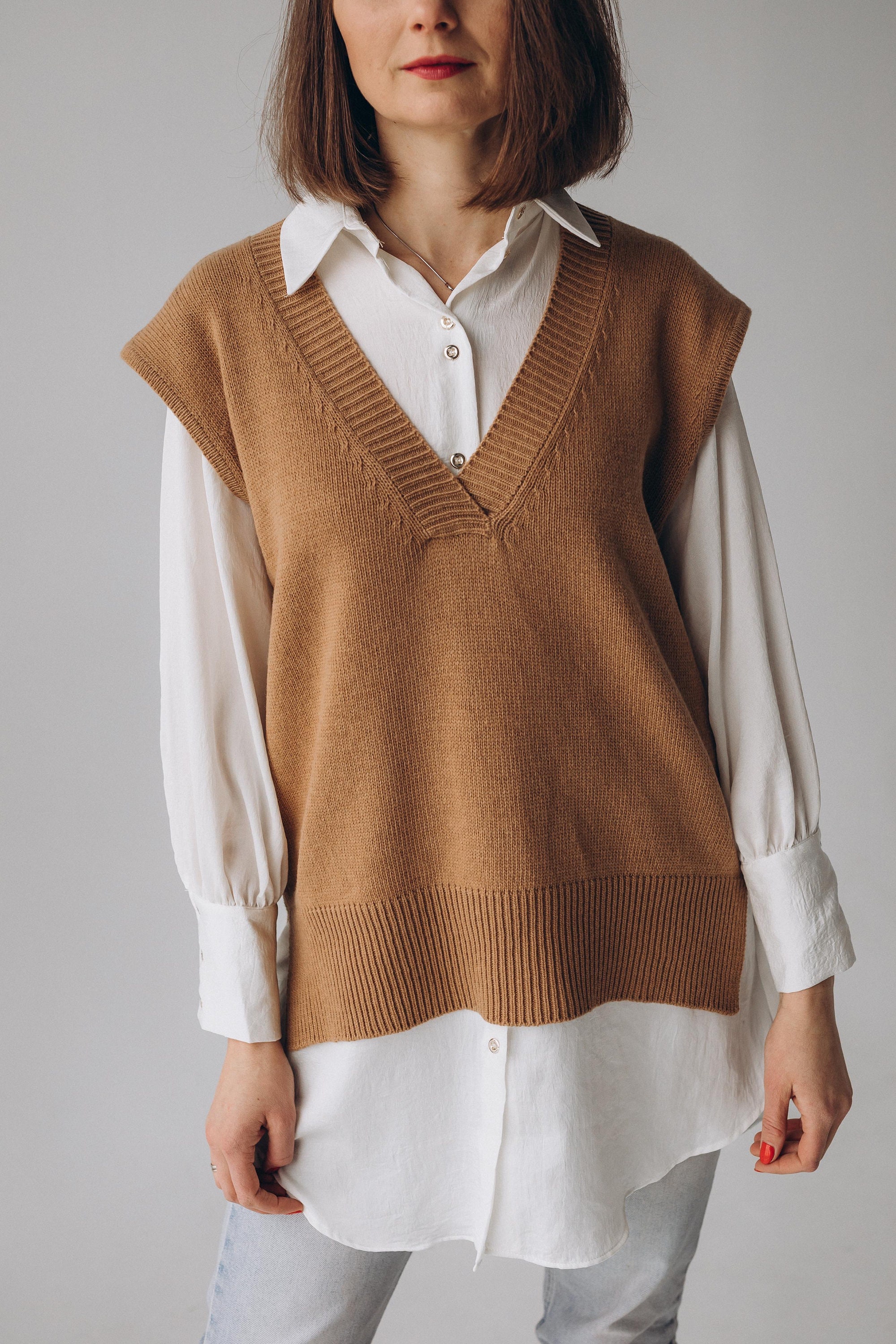 Camel beige Merino wool vest Custom knit sweater vest woman Etsy