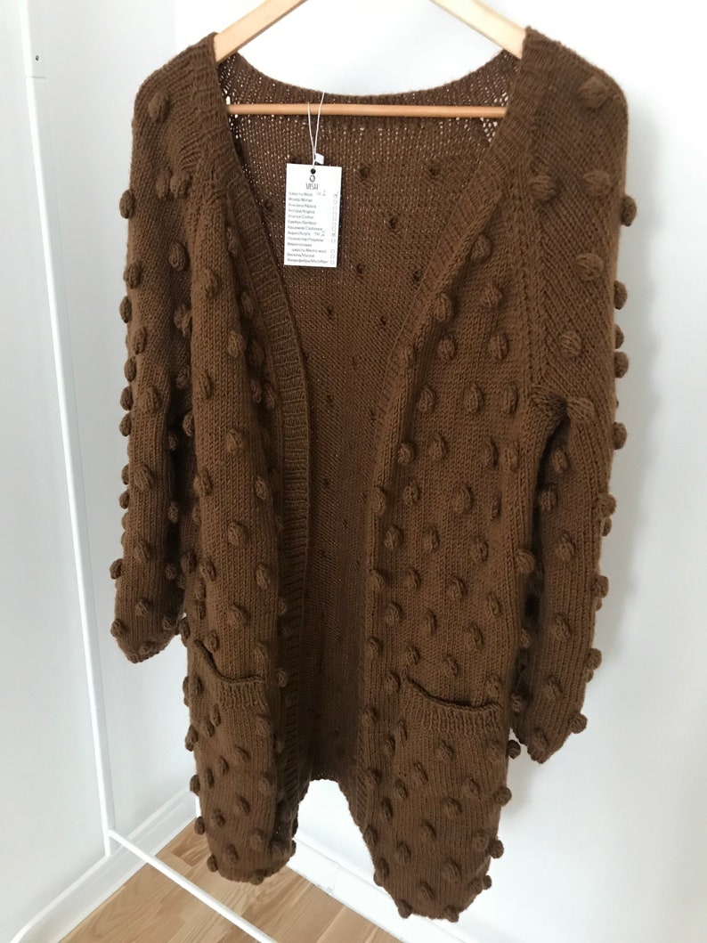 Beige hand knit women cardigan, chunky oversized sweater cardigan, custom made wool knitted coat image 8