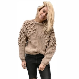 Hand knit popcorn  sweater, beige knitted pullover, custom knitting