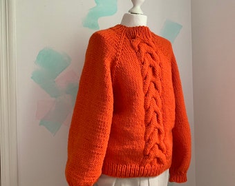 Orange sweater, women cable knit pullover, winter chunky jumper