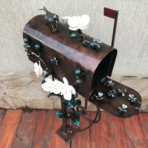 Mail box, mailbox, orchid, bee, bird, hand forged mailbox, floral decor, fairy garden, wedding gift, mail box post, post box, gift for mom