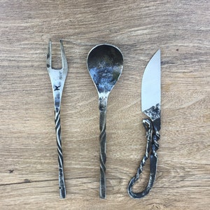 Medieval cutlery, knife, spoon, skewer, middle ages cutlery, camp equipment, grill tools, forged flatware, dining set, viking, fork, kitchen