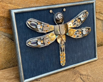 Steampunk painting, steampunk dragonfly, dragonfly, steampunk, industrial art, steampunk room decor,junk art,steampunk art,recycled,upcycled