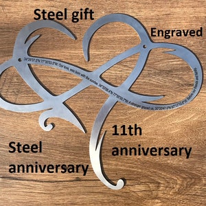 Steel gift, 11 year anniversary, 11th anniversary, engraved steel gift, infinity sign,steel anniversary gift,steel heart,steel infinity sign