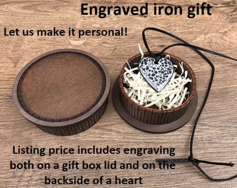 Engraved iron gift, 6th anniversary gift, iron anniversary, iron heart, iron necklace, iron gift, gift box, iron pendant, iron jewelry, love