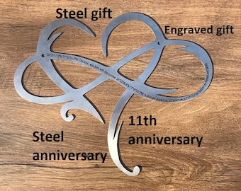 Steel gift, 11 year anniversary, 11th anniversary, engraved steel gift, infinity sign,steel anniversary gift,steel heart,steel infinity sign