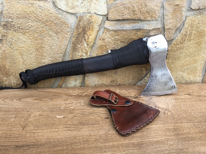 tomahawk viking axe warrior,rustic pagan hatchet,viking weapon,love sign medieval axe Viking axe with leather sheath hatchet mens gifts