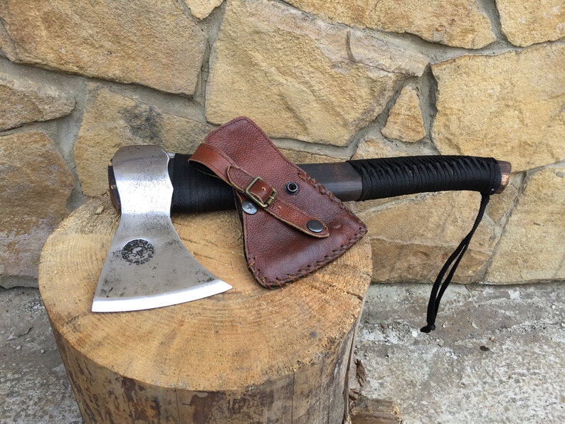 tomahawk viking axe warrior,rustic pagan hatchet,viking weapon,love sign medieval axe Viking axe with leather sheath hatchet mens gifts