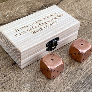 Copper dices with dice box, engraved dice box, personalized dice box,dice games,wooden box for dices,tabletop gaming,board games,copper gift