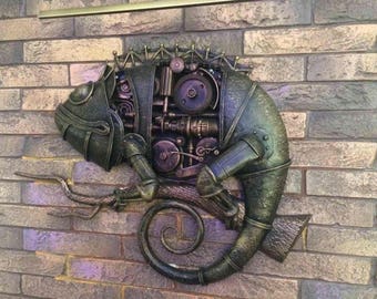 Chameleon, steampunk sculpture, junk art, steampunk, industrial art, steampunk gift, steam punk, animal, forest, Christmas, renovation