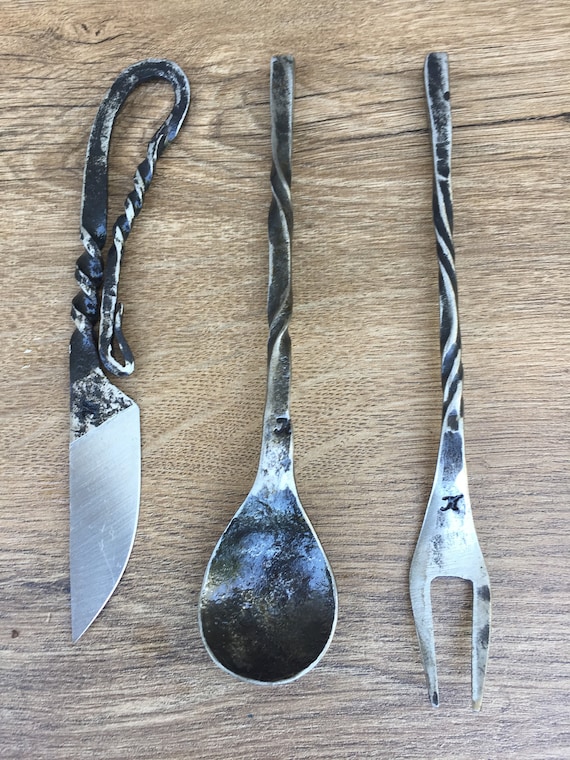 Ancient Viking Medieval cutlery dinner set, hand forged, Knife Spoon fork