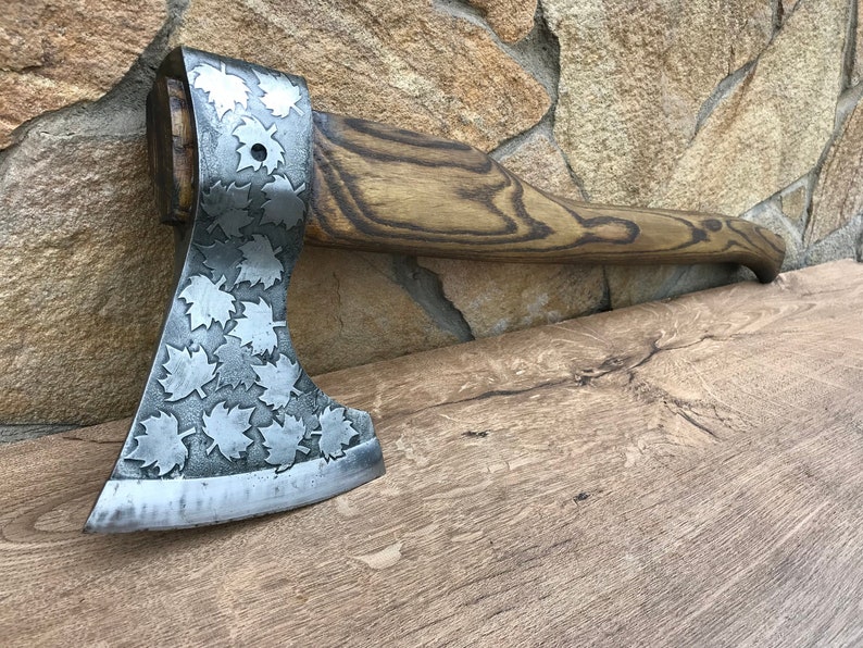 Medieval axe, viking axe, iron gift for him, camping, hiking, hunting, mens gifts, chopping axe, gifts for men, Canadian leaf image 1