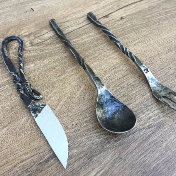 Medieval cutlery set, knife, spoon, middle ages cutlery, camp equipment, grill tools, forged flatware, forged dining set, forged fork, fork