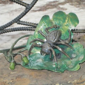 Metal spider on an oak leaf, hand forged spider, spider figurine, spider art, spider sculpture, spider figure, forged art, iron gift,spider