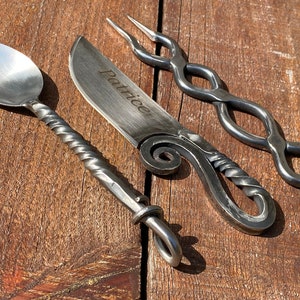 Stainless steel, flatware, cutlery, BBQ fork, fork, spoon, knife, medieval, barbeque, camping, hiking, travelers gift, birthday, anniversary