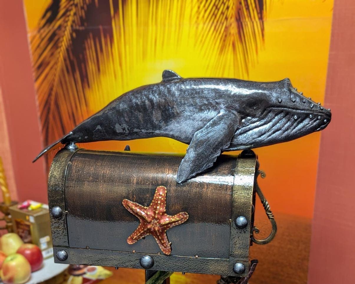 Mailbox, mail box, whale, nautical, coastal, chest, steel gift, iron gift, anniversary, house number sign, birthday, Christmas, tropical