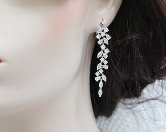 Silver or Rose gold Zirconia Bridal Earrings Wedding jewelry Art Deco Earrings Vintage Style Crystal drop Earrings Cz leaf  Earrings for her