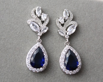 Silver Sapphire Blue Bridal Earrings, Zirconia Drop Wedding Earrings , Art Deco Earrings Vintage Style Pearl  Earrings 1920s Bridal jewelry