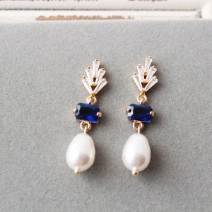 Gold Blue Bridal Earrings, Pearl drop Wedding Earrings,Pearl Earring and necklace set , Art deco earrings, Wedding jewellery set   for bride