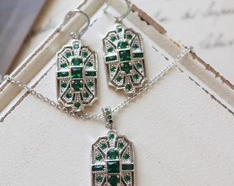 Green Art Deco Earrings Necklace set , Vintage Style Crystal Earrings, Wedding Earrings, Crystal Drop Earrings, Bridal Earrings set