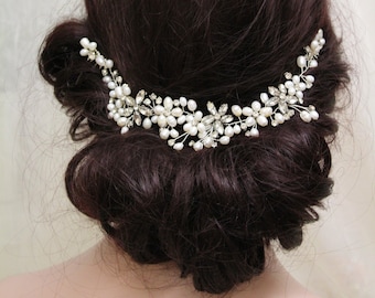 Freshwater Pearl Bridal Hair piece: Wedding Hair Comb, Silver Pearl Hair Vine