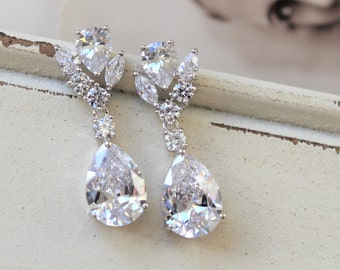 Crystal Teardrop Bridal Earrings: Silver Art Deco Crystal Wedding Jewellery