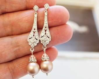 Champagne Bridal Earrings Wedding Jewelry Wedding Earrings  Bridesmaid Pearl Earring Art Deco Earrings Zirconia Pearl drop Earring for bride