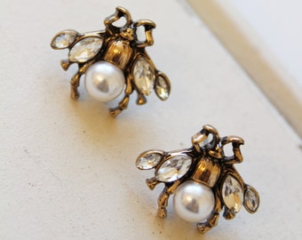 Antique Gold Honey Bee Stud Earrings, Faux Pearl Insect Jewelry