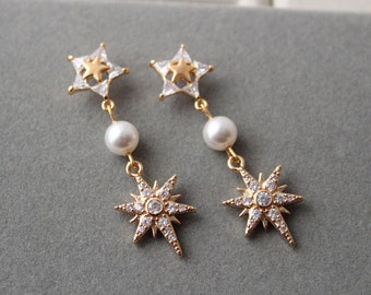 Gold Celestial Star Earrings Bridal Earrings Pearl Earrings Wedding Earrings Star Jewellery 1920s Stud Earrings Prom