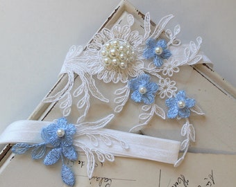 Something Blue Bridal Garter , Wedding Garter, Lace garter , Vintage style Garter, Blue  Floral Garter , Stretch Lace Garter Set