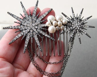 Black Celestial Star Hair Comb, Star Bridal Headpiece ,Wedding Hair Comb, Art Deco Hair Comb  , Celestial Hair Accessory , Black  Snowflake