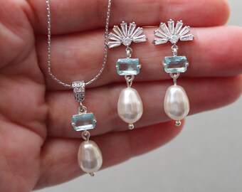 Light Blue Bridal Jewellery Set: Pearl Drop Earrings Necklace, Wedding Jewelry Set Silver