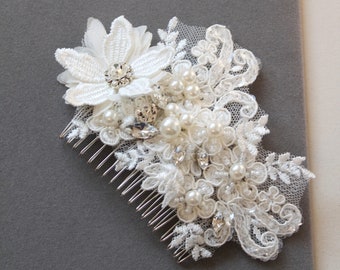 Ivory Lace Wedding Hair Comb: Pearl Crystal Bridal headpiece, Hair accessories