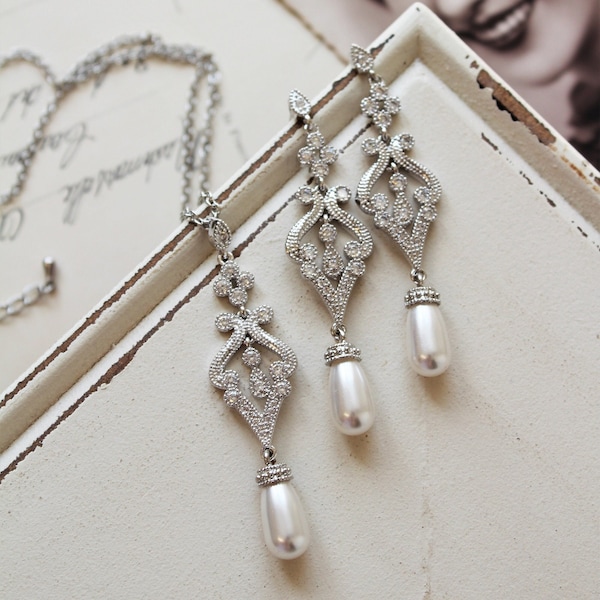 Art Deco Earring and Necklace set, Vintage Style Crystal Pearl Earrings, Wedding Earrings,  Filigree  Earrings,  Stud Earrings, Great Gatsby