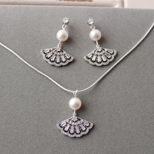 Silver Fan Necklace and Earring Set: Art Deco Pearl Wedding Jewellery Set For Bride  Bridal Jewellery Regency