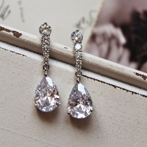 Delicate Teardrop Bridal Earrings, CZ Wedding Earrings Bridesmaid Earrings Crystal  jewelry  Art Nouveau Wedding Jewelry, Bridal Jewelry