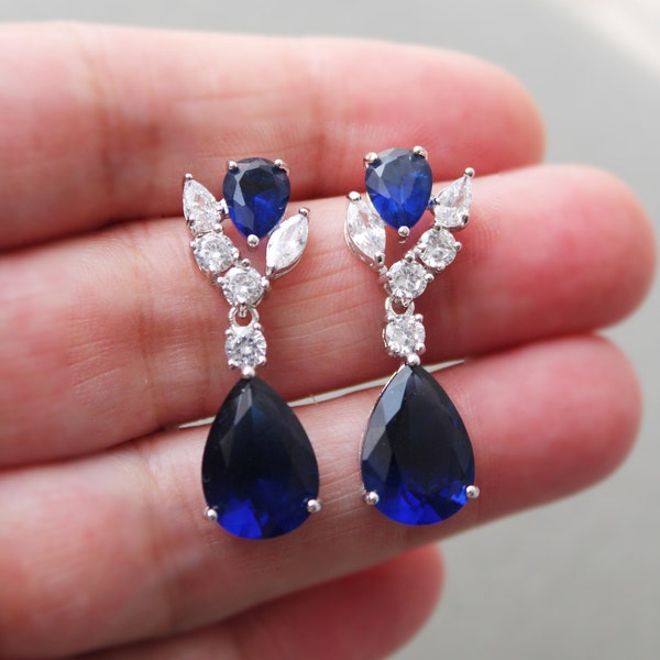 Sapphire Blue Bridal Earrings: Vintage Style Crystal Teardrop Earrings,  Wedding Jewellery Nouveau
