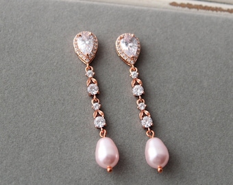 Rose Gold Pink Pearl Drop Bridal Earrings,Pearl  Earrings,Wedding Earrings, Wedding Jewelry,  Pearl Dangle  Earrings, Bridal jewellery, gift