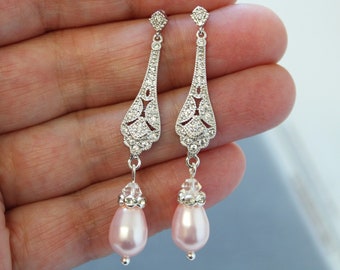 Silver Pink  Blush Bridal Earring & Necklace set Wedding Earrings Pearl Drop Earrings Wedding Jewelry vintage style jewelry set  for bride