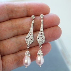 Silver Pink  Blush Bridal Earring & Necklace set Wedding Earrings Pearl Drop Earrings Wedding Jewelry vintage style jewelry set  for bride
