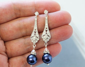 Silver Navy Blue Wedding Earrings Bridesmaid Earrings Art Deco Earrings Crystal Pearl Earring Bridal Earring Blue Wedding Jewelry for bride