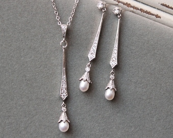 Freshwater Pearl Bridal Jewellery Set: Silver Wedding Jewellery Set For Bride, Nouveau Earrings, Necklace Statement Regency