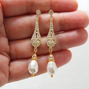 Gold Art Deco Earrings Silver Bridal Earrings Bridesmaid Earrings Pearl drop Earrings Wedding Earrings Wedding Jewelry 1920s earring for her