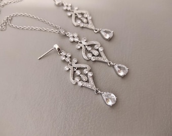 Art Deco Earring and Necklace set: Crystal Teardrop Wedding Jewelry Set Vintage Style For Bride