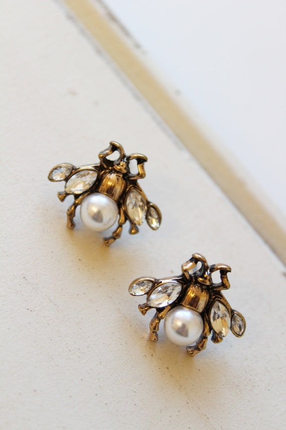 Antique Gold Honey Bee Stud Earrings, Faux Pearl Insect Jewelry