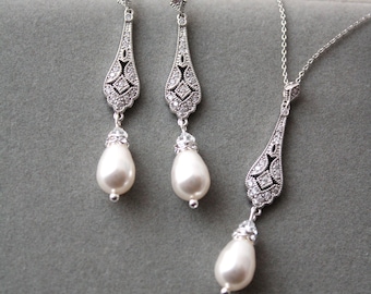 Pearl Bridal Jewelry Set: Vintage Style Drop Earrings, Necklace, Art Deco