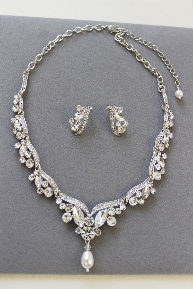 Art Deco Earrings and Necklace Set Wedding Earrings Crystal Etsy